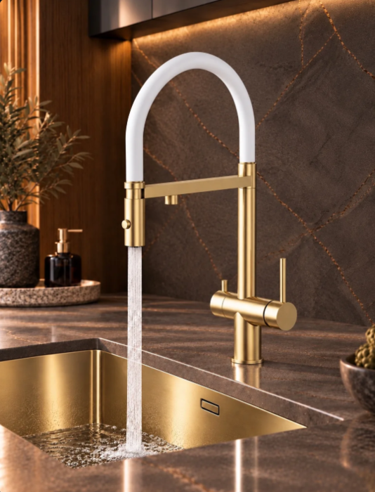 Смеситель для кухни с подачей питьевой воды ALLENDORF AD-7801 Matt Gold с белым шлангом (вид 4) Смеситель для кухни с подачей питьевой воды ALLENDORF AD-7801 Matt Gold с белым шлангом (фото, вид 4)