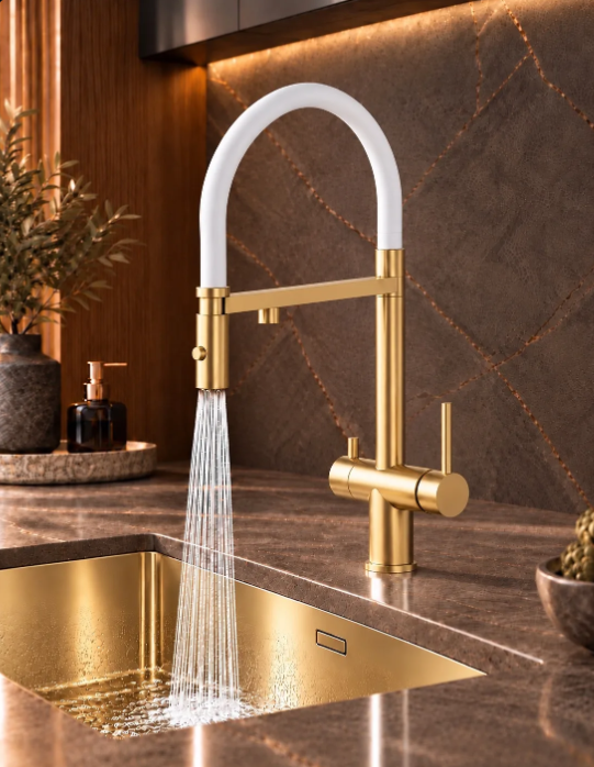 Смеситель для кухни с подачей питьевой воды ALLENDORF AD-7801 Matt Gold с белым шлангом (вид 5) Смеситель для кухни с подачей питьевой воды ALLENDORF AD-7801 Matt Gold с белым шлангом (фото, вид 5)