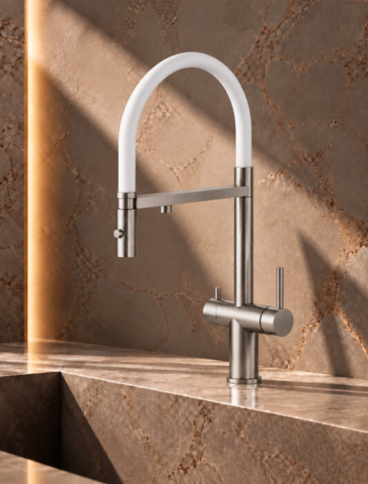 Смеситель для кухни с подачей питьевой воды ALLENDORF AD-7801 Brushed Nickeld с белым шлангом (вид 1) Смеситель для кухни с подачей питьевой воды ALLENDORF AD-7801 Brushed Nickeld с белым шлангом (фото, вид 1)
