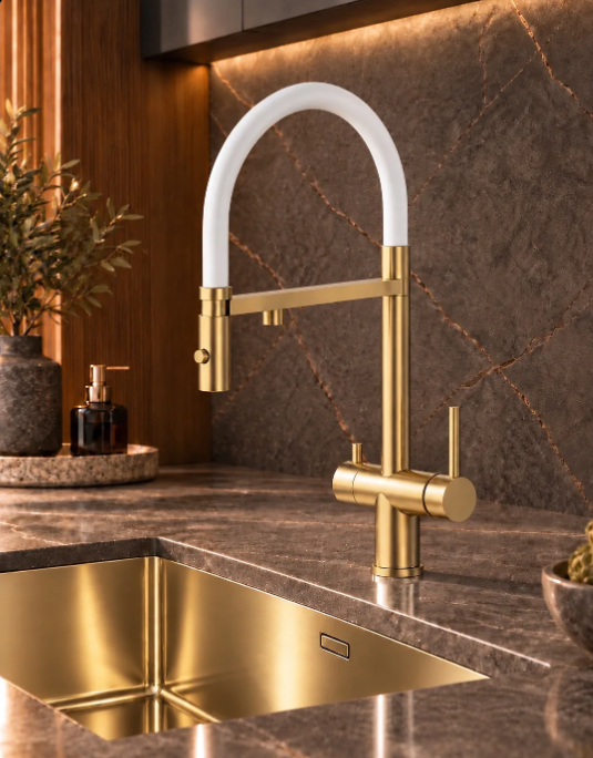 Смеситель для кухни с подачей питьевой воды ALLENDORF AD-7801 Matt Gold с белым шлангом Смеситель для кухни с подачей питьевой воды ALLENDORF AD-7801 Matt Gold с белым шлангом (фото)